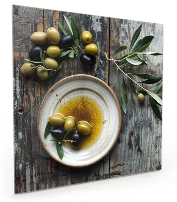 Produktbild von Küchenrückwand Spritzschutz Glas mit Motiv Oliven auf Teller 40 x 40 cm