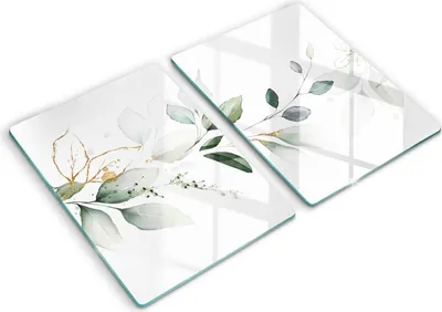 Produktbild von Glasschneideplatte - Herdabdeckplatte - 2x40x52 cm -Schneidebrett - Spritzschutz - Aquarellblätter