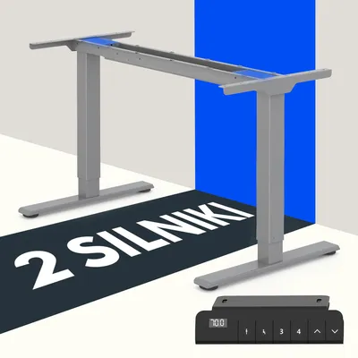 A grey standing desk frame with a control panel on a white and blue background with text '2 SILNIKI'.