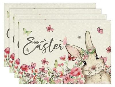Produktbild von Tischsets Ostern 4er Set abwaschbar Leinen 45x30cm Hasen Blumen Design