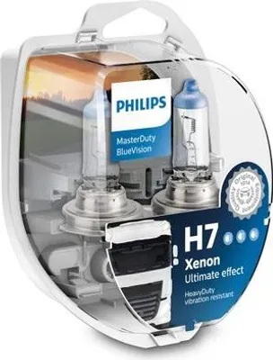 A retail package containing two Philips H7 Xenon Ultimate effect BlueVision headlight bulbs.
