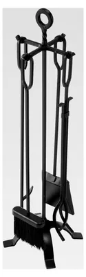 Produktbild von Kaminbesteck-Set, 5-teilig, mit vierzackigem Ständer, Zange, Ascheschaufel, Bürste und Schürhaken, Kamingarnitur aus Schmiedeeisen für Lagerfeuer, Schwarz