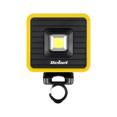 A square yellow and black work light with a white LED light in the center and a black hook attachment below.