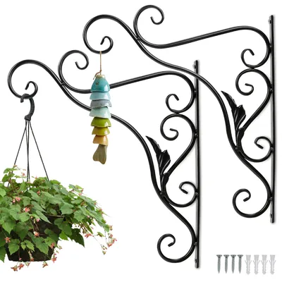 Image de Clanmacy 2 pièces Crochet mural Crochet pour suspension de fleurs, crochet mural pour suspension, crochet pivotant long pour jardin, feuille en fonte 35 cm