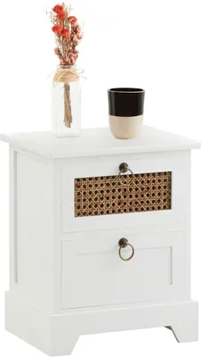 Produktbild von Nachttisch PADMA mit 2 Schubladen, Nachtkommode aus Paulownia Holz und Wiener Geflecht, Nachtschrank im Retro Design, Boho, in weiß