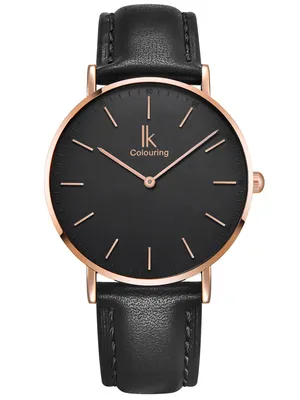 Produktbild von Alienwork Damen Herren Armbanduhr Quarz rose-gold mit Lederarmband schwarz Ultra-flach Slim-Uhr
