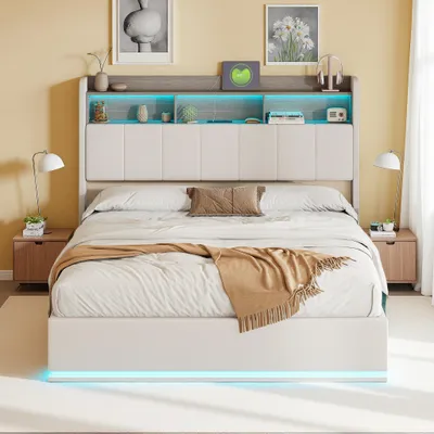 Zdjęcie produktu dla Łóżko 140x200 cm z białego aksamitu ze zintegrowaną listwą LED, zagłówkiem ze schowkiem i oświetleniem - Nowoczesny i funkcjonalny design