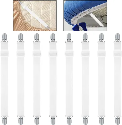 Produktbild von 8x Verstellbare Bettlakenriemen, Elastische Bettlakenspanner mit Metallclip, Bettlakenspanner dehnbar bis 1 m (weiß) Wohndekorationen