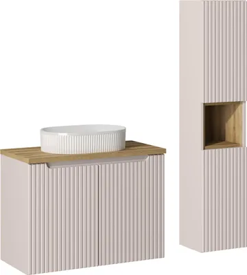 Obrázek produktu pro Koupelnová skříňka 80 cm kašmírová deska dubové umyvadlo vysoká moderní skříňka