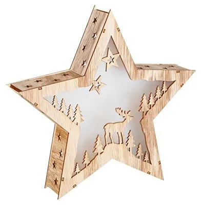 Productafbeelding van Houten kerstster met LED-verlichting, 30 cm - Hertenmotief - Decoratieve figuur, warm wit verlicht - Kerst, advent, winter, ster, tafeldecoratie, verlichting, werkt op batterijen