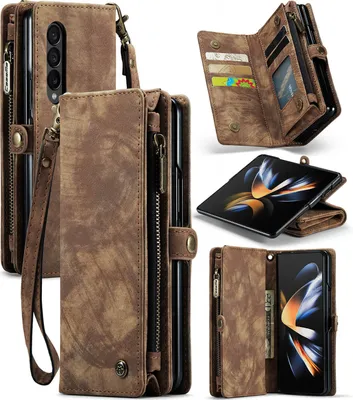 Image de Housse de protection pour Galaxy Z Fold4, étui en cuir vintage multifonctions, porte-cartes, étui zippé pour Samsung Galaxy Z Fold 4 5G Marron