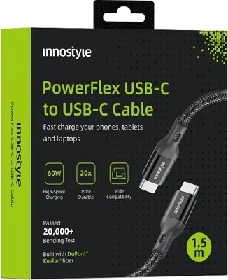 Image de Innostyle Powerflex Usb-C Fast Charging Cable For Iphone Samsung 3A 60W Polyamide 2M Black