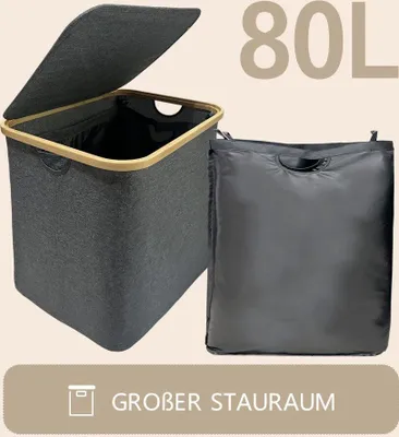 Produktbild von WAOHO Faltbarer Wäschekorb mit Deckel 80L Abnehmbarer Wäschesack ,Faltbarer Bambus-Wäschesortierer und wasserdichtes Oxford-Tuch(grau)