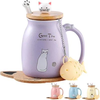 Image de Tasse pour chat Douce tasse à café en céramique avec couvercle et cuillère 380ML - Cadeau pour femme