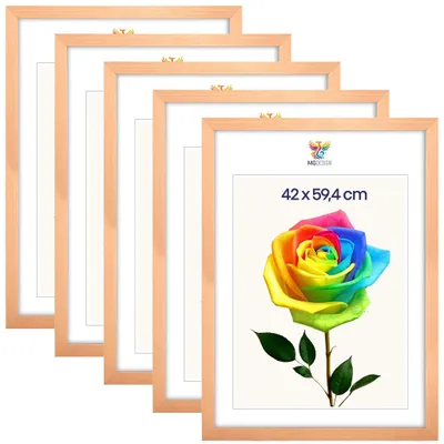 Obrázok produktu pre MG Design, súprava 5 kusov rámov na obrazy, prírodná farba, formát A2 (42x59,4 cm) - rámy na plagáty z masívneho dreva s akrylovým sklom, stabilný systém na zavesenie, vhodné na zavesenie vertikálne aj horizontálne