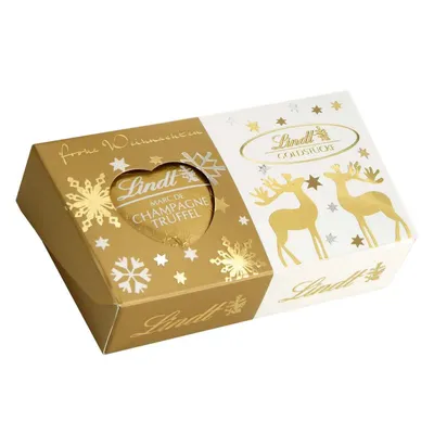 A Lindt Goldstücke Trüffel Herz Duo box with a festive Christmas design.