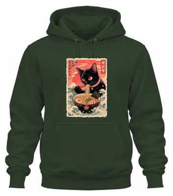 Immagine prodotto di Ramen Schwarze Katze: Maglietta con cappuccio a tema giapponese, con motivo "Neko" (gatto), stile Y2K, colore verde bottiglia, taglia XXL
