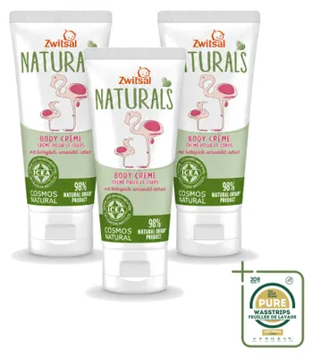 Imagen del producto de 3 unidades de crema corporal para bebés Zwitsal Naturals, con extracto de almendras, 100 ml cada una. Paquete ahorro
