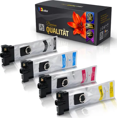 A product shot of four ink cartridges and their packaging, presented on a white background.
