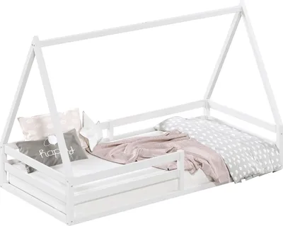 Produktbild von Hausbett SILA aus massiver Kiefer, schönes Montessori Bett in 90 x 200 cm, stabiles Kinderbett mit Rausfallschutz und Dach in weiß