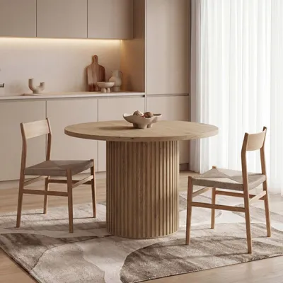 Produktbild von Runder Esstisch Ausziehbar – von 100 cm bis 190 cm Verlängerbar – Esszimmertisch, Küchentisch in Lamellen-Optik, Oval, Säulentisch – Eiche Braun Rustikal