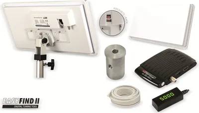 Immagine prodotto di Set EASYFIND: antenna satellitare piatta Traveller, kit base con treppiede, ricevitore HD incluso