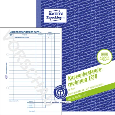 Produktbild von Avery Zweckform 1218, Recycling Kassenbestandsrechnung, A5, Recycling, 50 Originale