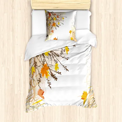 Produktbild von ABAKUHAUS Natur Mantele, Ahornblätter im Herbst, Milbensicher Allergiker geeignet mit Kissenbezügen, 135 cm x 200 cm - 80 x 80 cm, Tan Gelb Orange