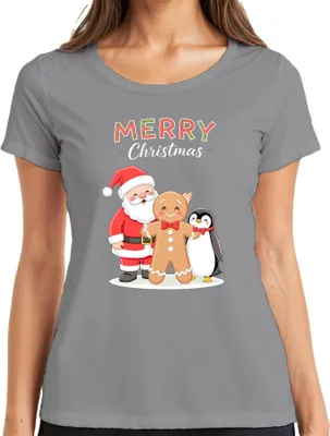 Produktbild von Merry Christmas Weihnachtsmann Lebkuchenmann Pinguin Weihnachten Damen T-Shirt, Grau, XXL