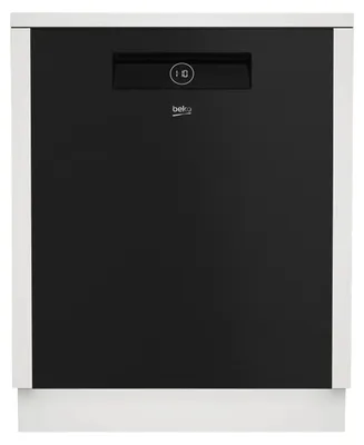 A front view of a black, fully integrated Beko dishwasher with a white frame.