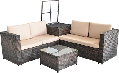 A sectional outdoor sofa set with a coffee table, displayed on a white background.