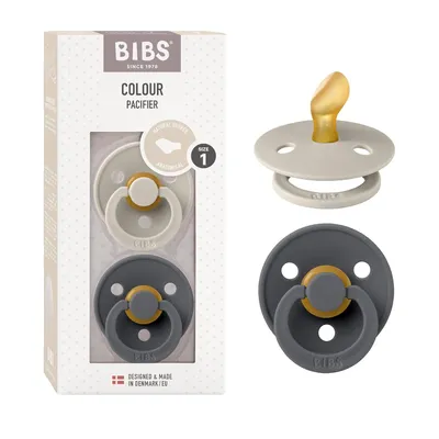 Produktbild von BIBS Colour Anatomical Schnuller 2er Pack, BPA-frei Dummy-Schnuller, Kiefergerechte Form. Naturkautschuk / Latex, Hergestellt in Dänemark. Größe 1 (0-6 Monate), Sand / Iron