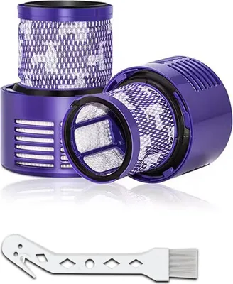 Two purple vacuum cleaner filters and a cleaning brush are displayed against a white background.
