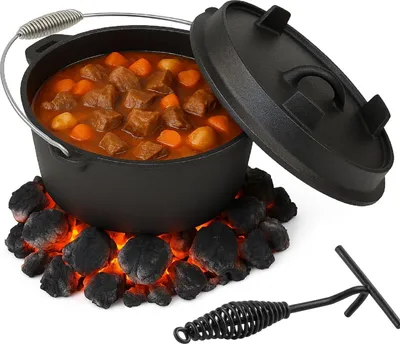 Obrázek produktu pro QLS Litinový hrnec na oheň 6 litrů - Holandská trouba se zvedákem víka BBQ na zahradu 11402
