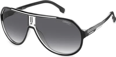 A pair of black Carrera sunglasses with gradient gray lenses, shown from a front-diagonal angle against a white background.