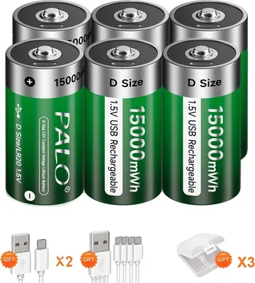 Image de Batterie rechargeable de taille D, capacité de 15000mWh, port de charge USB Type-C, 6 pièces de batterie