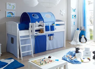 Produktbild von Hochbett "Eric" Country Kiefer Weiß Classic (Hellblau-Dunkelblau)