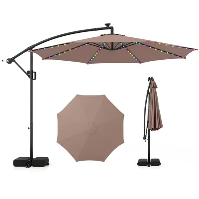 Produktbild von GOPLUS Sonnenschirm 300cm mit LED Leuchten, 9 Modi, 360° drehbarer versetzter Ampelschirm mit Ständer & Sandsäcken, Kaffee