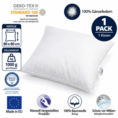 Produktbild von Federkissen 80x80 cm 1000 Gramm – Kopfkissen mit 100% Gänsefedern – Baumwollbezug 185 g/m² – Ganzjahreskissen