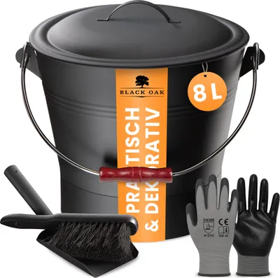 Produktbild von BLACK OAK Ascheeimer LANIN 8L – schwarz mit Deckel, dunklem Holzgriff & Set