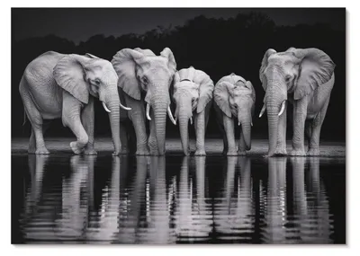 Produktbild von POSTER - 29x21 cm (A4) - Project Concept - Elefanten am Wasser, friedliche Harmonie und Spiegelung -  Wandbild für Wohnzimmer Schlafzimmer & Flur, Modernes Poster Wanddeko, Ungerahmt