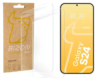 A product shot of a screen protector packaging and a phone screen with marketing graphics.