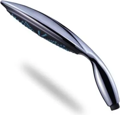 A chrome shower head with a curved design is shown against a white background.