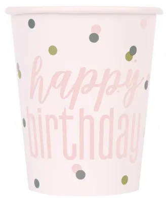 Zdjęcie produktu dla 8 kubków papierowych „Happy Birthday” w kolorze biało-różowym, 266 ml, w kropki – jeden rozmiar