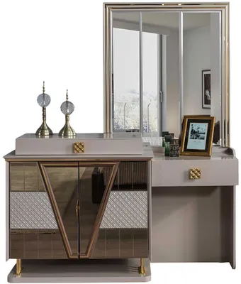 Image de Coiffeuse moderne beige avec inserts dorés - Coiffeuse design avec miroir