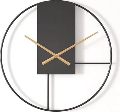 A modern, minimalist wall clock with a black metal frame and a dark gray face.