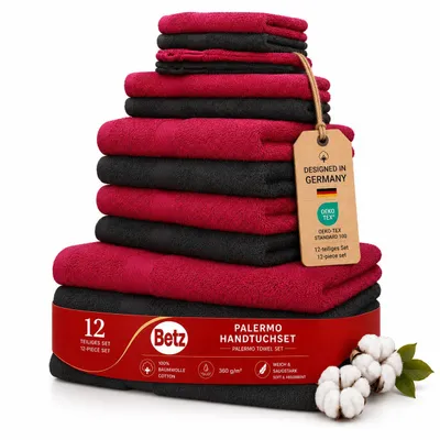 Produktbild von Betz 12er Handtuch-Set PALERMO 100% Baumwolle  Liegetücher 4 Handtücher 2 Gästetücher 2 Seiftücher 2 Waschhandschuhe Farbe: cranberry und anthrazit