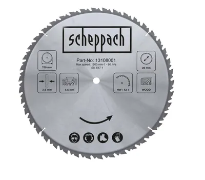 A circular saw blade with specifications and safety icons printed on it, isolated on a white background.