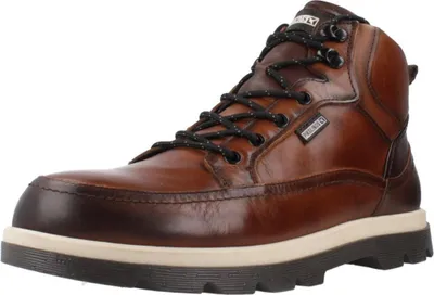 A single brown leather boot is shown against a white background.
