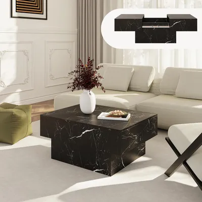 Produktbild von Ausziehbarer Couchtisch 'Lens' mit Stauraum 80 x 60 x 36 cm Marmoroptik, schwarz